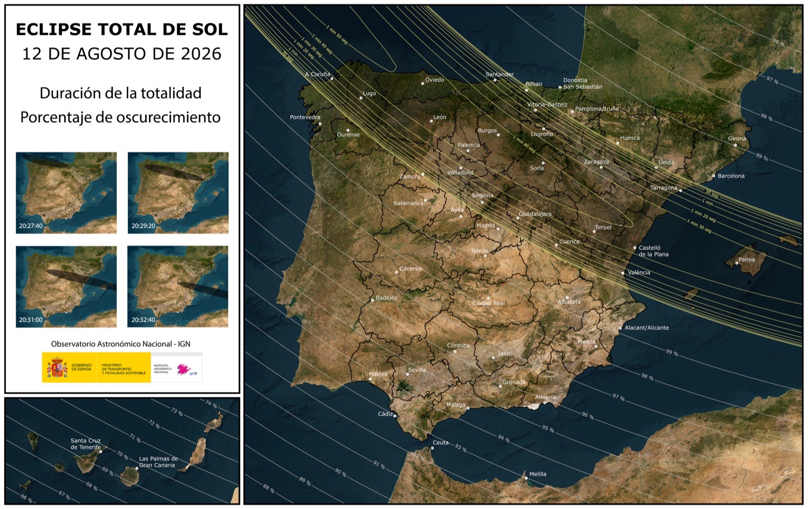 Mapa del IGN del eclipse de 2026 sobre España