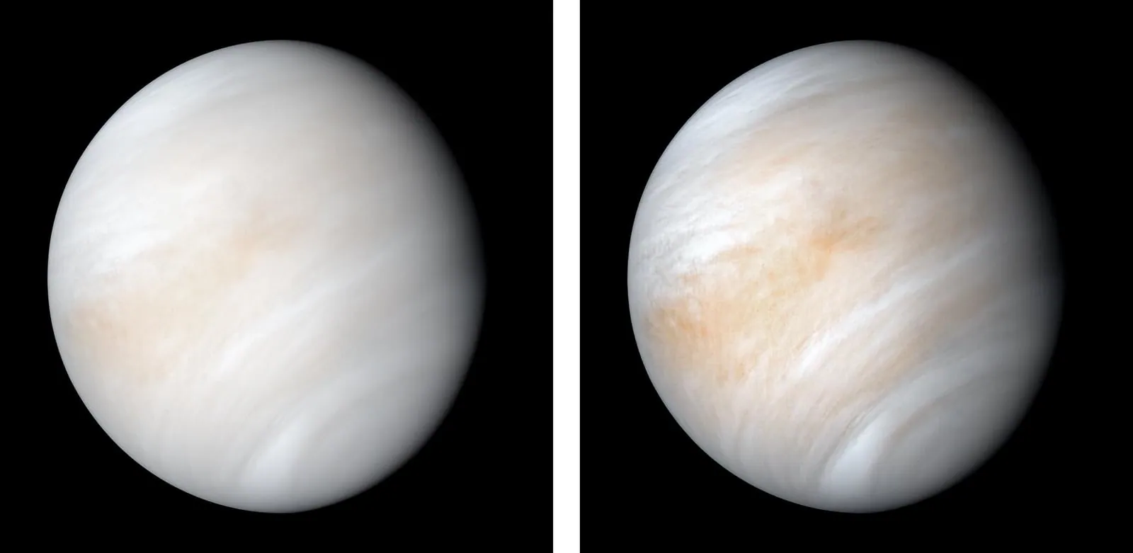 Imagen de Venus captada por la sonda Mariner 10 en 1974, primera mirada cercana a la atmósfera densa de ácido sulfúrico que rodea al planeta.